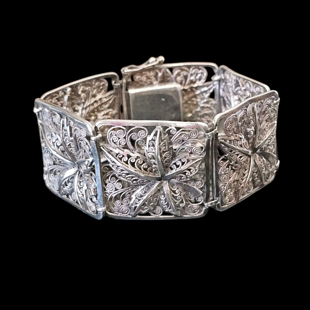 925 Sterling Vintage Unsigned Alice Caviness Filigree Panel Link Bracelet 7"